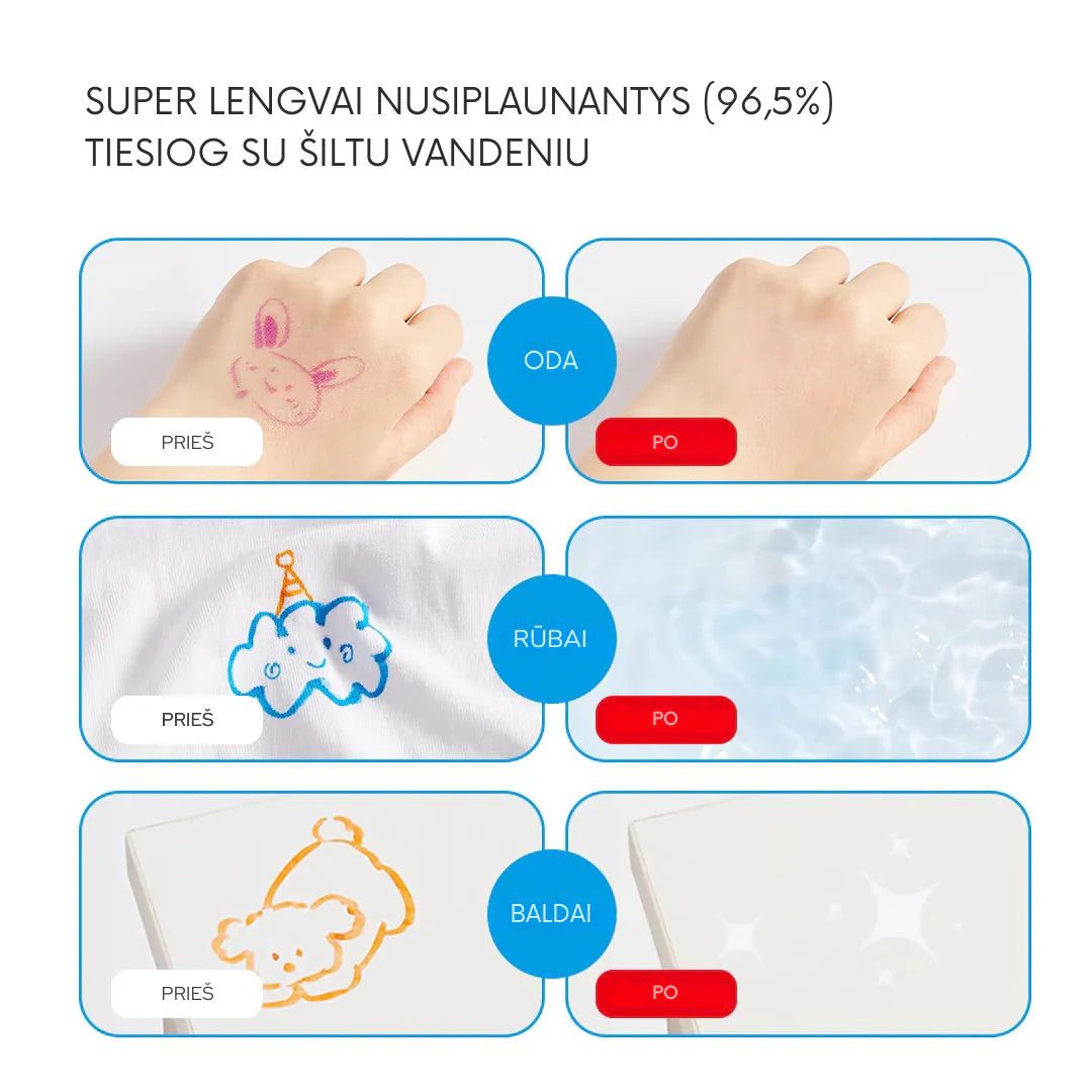 Vienpusiai nuplaunami markeriai - 12 Spalvų